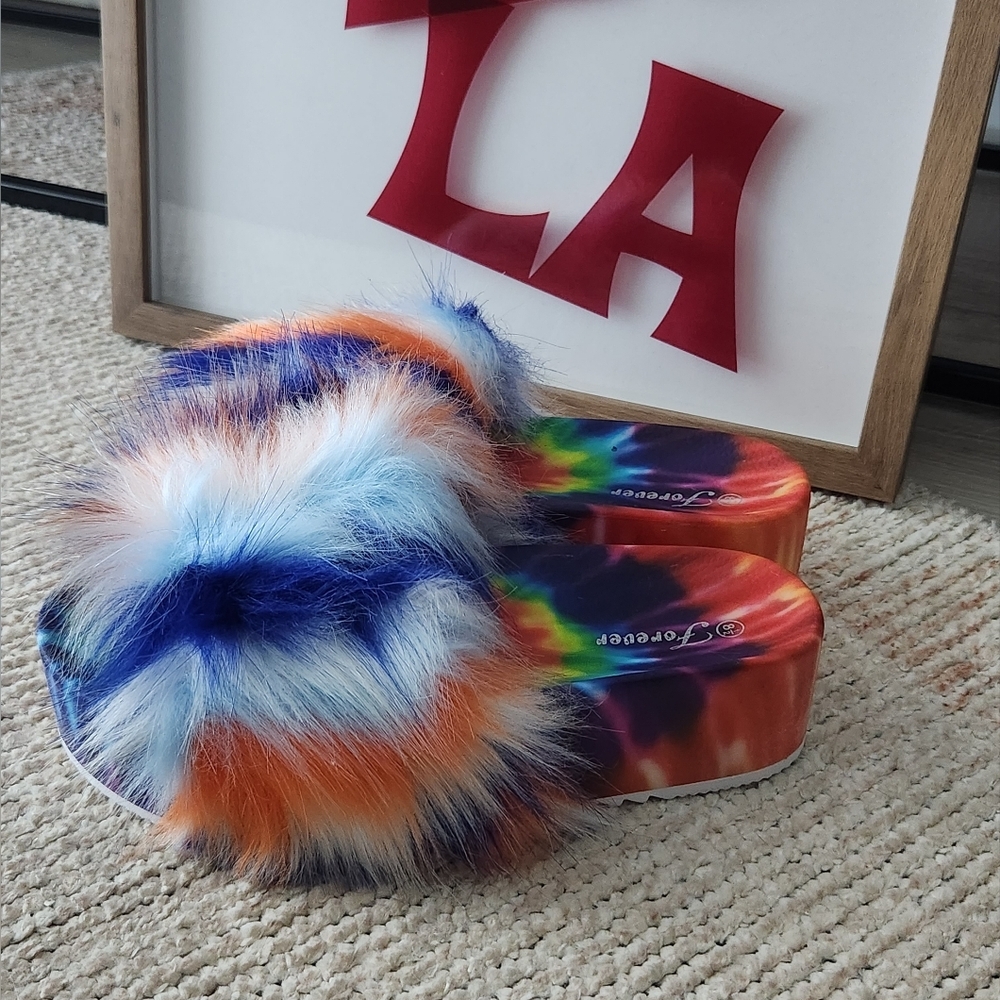 Faux Fur Tie Dye Platform Slides Blue Multi - Picture 7 of 12